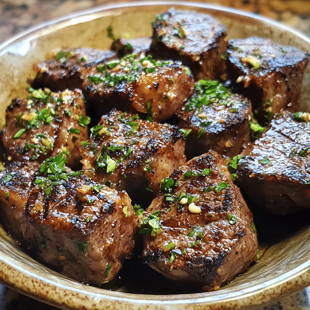 Homemade irresistible garlic butter steak bites in a serving dish in a bright kitchen