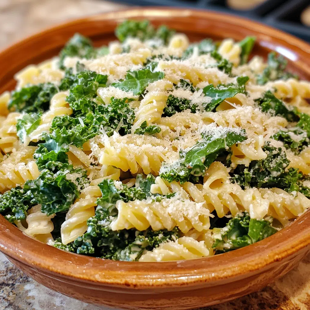 Homemade kale caesar pasta salad in a serving dish in a bright kitchen