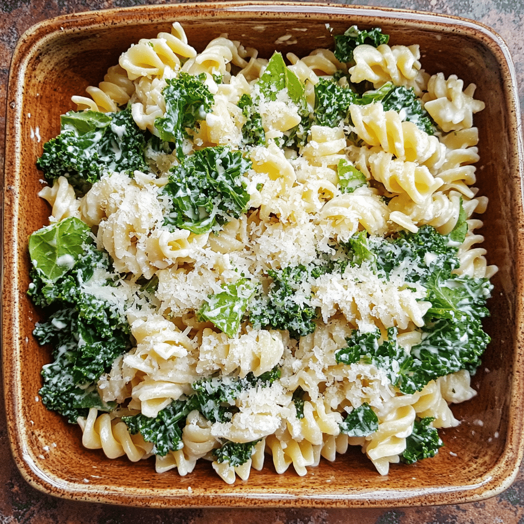 Homemade kale caesar pasta salad in a serving dish in a bright kitchen