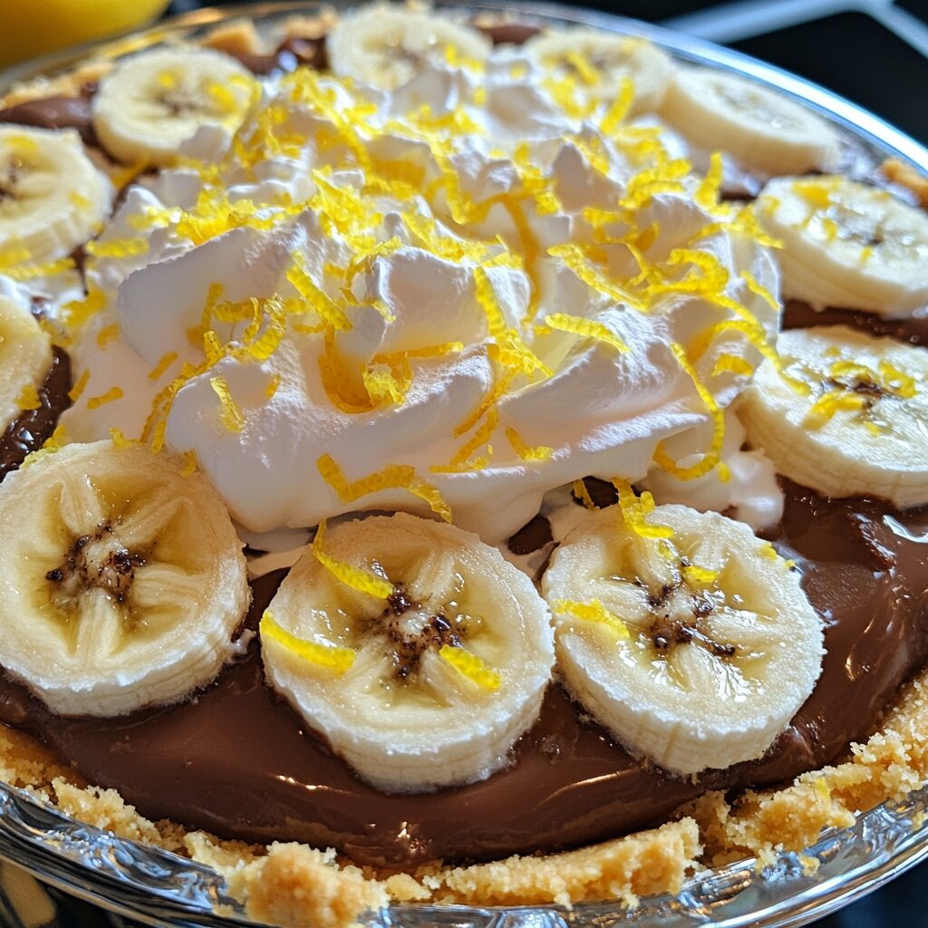 Lemon 5-Layer Chocolate Banana Pudding Pie showing layered pudding, bananas, chocolate crust, and whipped topping.