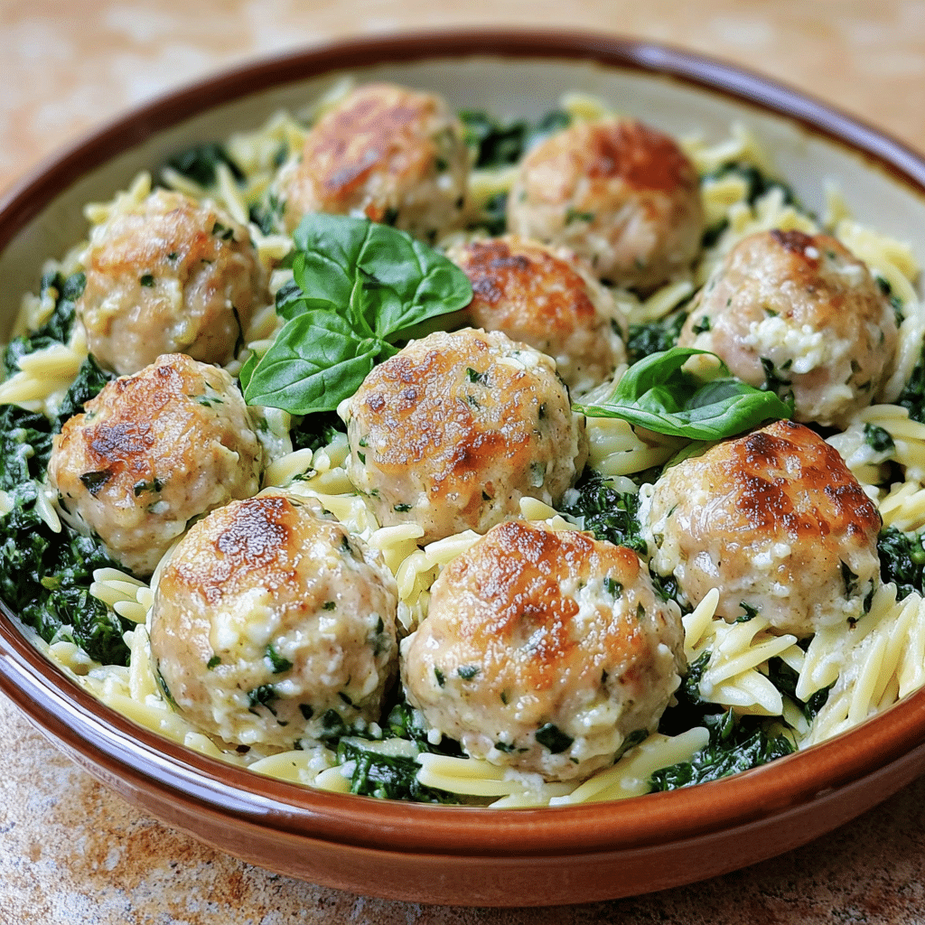 Homemade lemony chicken ricotta meatballs over garlic spinach orzo - averyrecipes in a serving dish in a bright kitchen