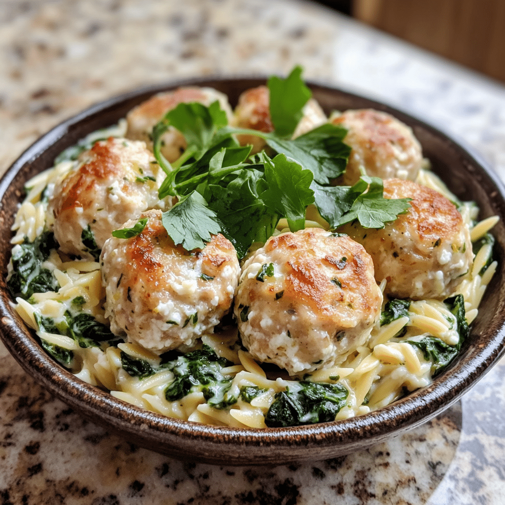 Homemade lemony chicken ricotta meatballs over garlic spinach orzo - averyrecipes in a serving dish in a bright kitchen