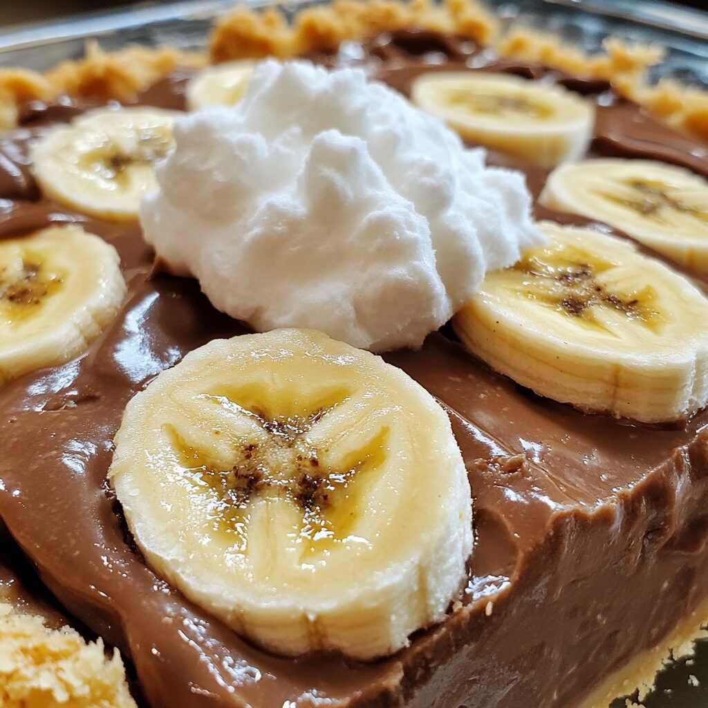 Lighter 5-Layer Chocolate Banana Pudding Pie showing layered pudding, bananas, chocolate crust, and whipped topping.
