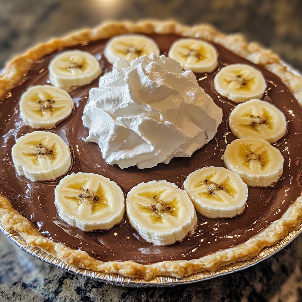 Make-Ahead 5-Layer Chocolate Banana Pudding Pie showing layered pudding, bananas, chocolate crust, and whipped topping.