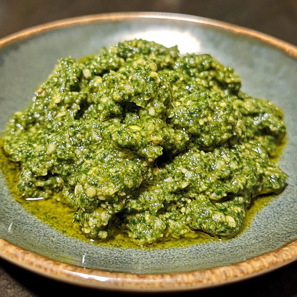 Make This Bright and Fresh Garlic Scape Pesto Recipe served fresh in natural light