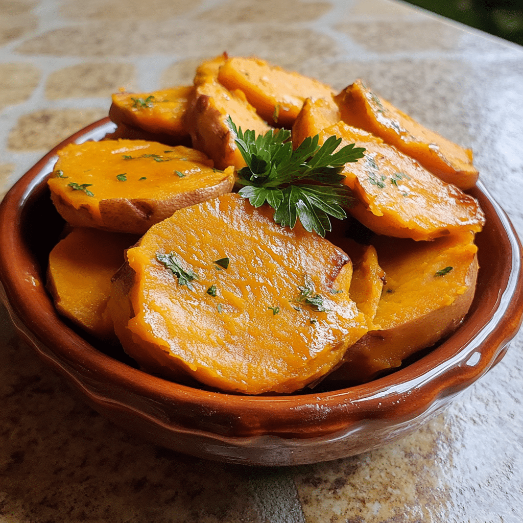 Homemade melting sweet potatoes – a sweet and savory delight in a serving dish in a bright kitchen