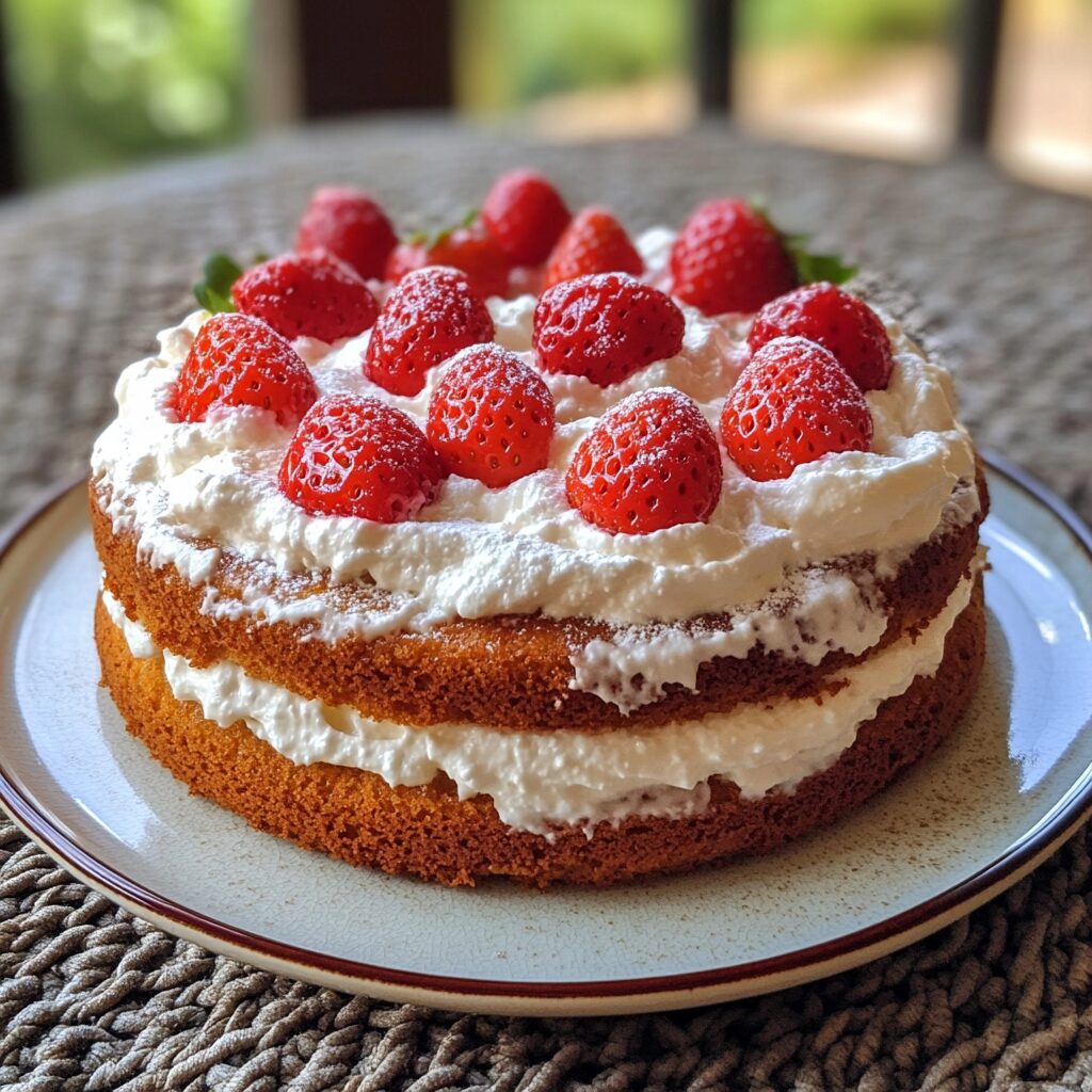 Moist Strawberry Vanilla Cake with Whipped Cream served fresh in natural light
