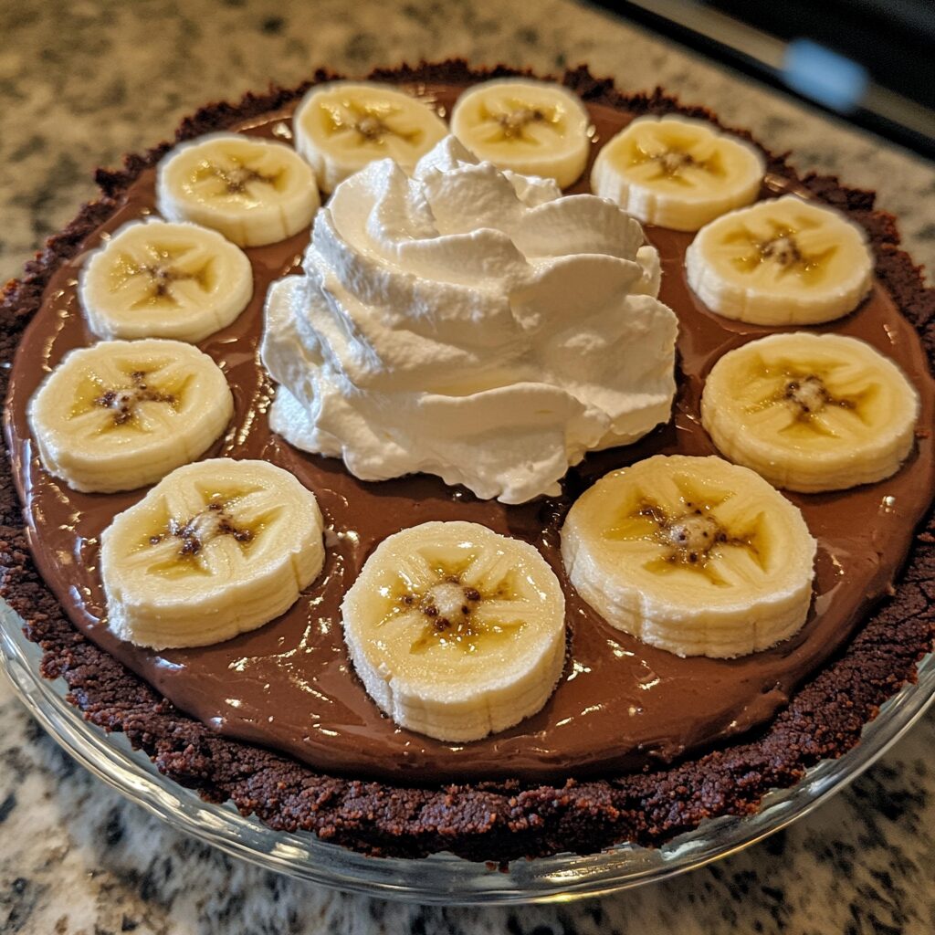 No-Bake 5-Layer Chocolate Banana Pudding Pie showing layered pudding, bananas, chocolate crust, and whipped topping