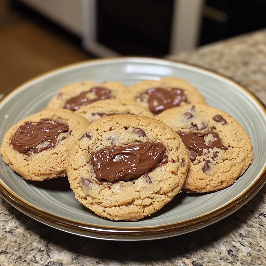 Nutella-Stuffed Chocolate Chip Cookies served fresh in natural light