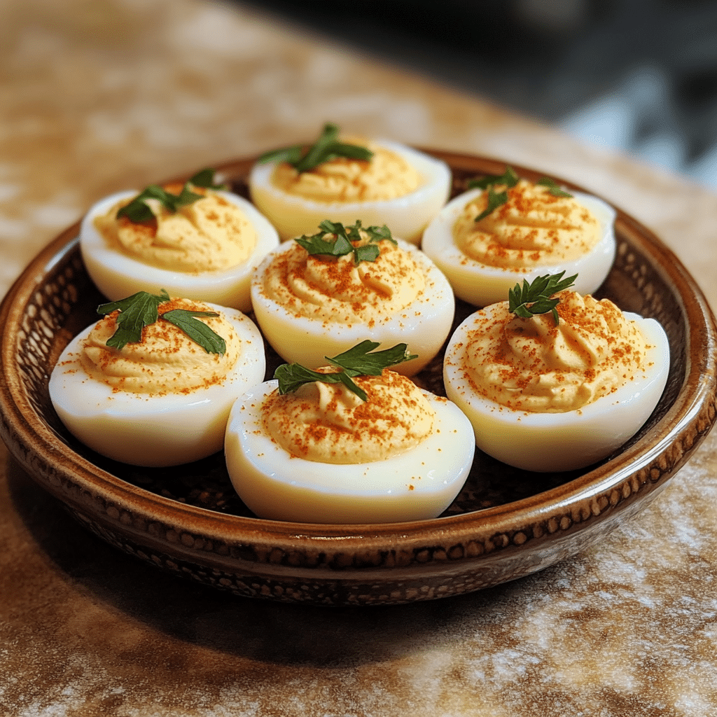 Homemade old school deviled eggs in a serving dish in a bright kitchen