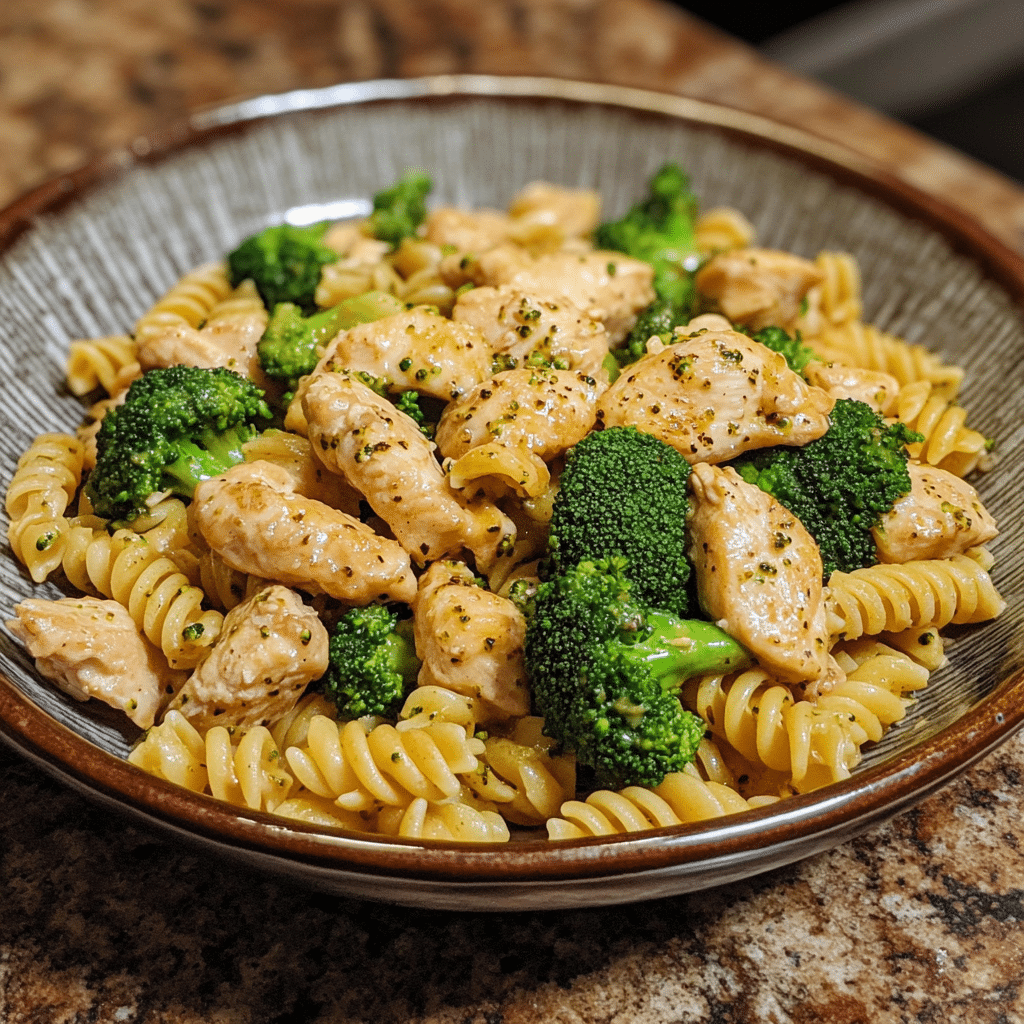 Homemade one pot chicken and broccoli pasta in a serving dish in a bright kitchen