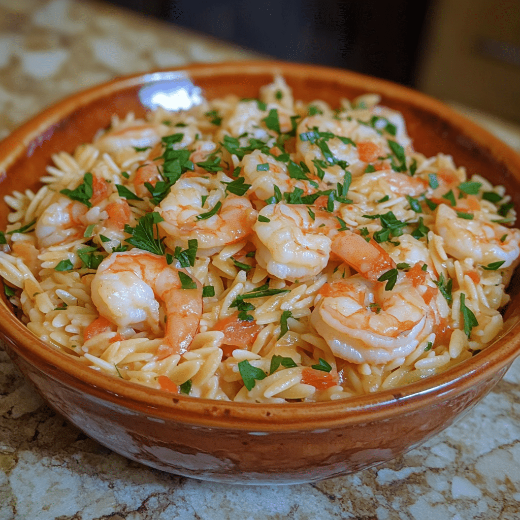 Homemade one-pot shrimp orzo in a serving dish in a bright kitchen