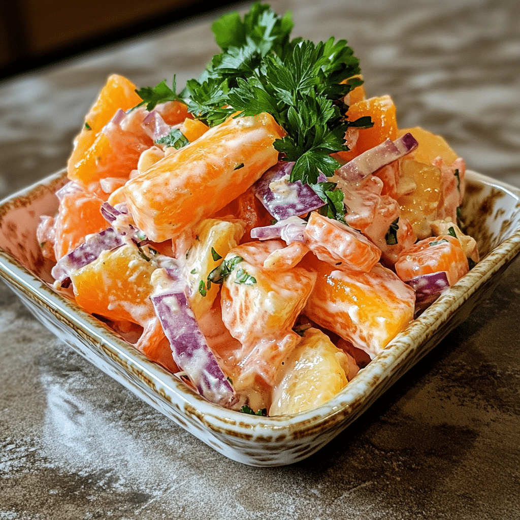 Homemade orange dreamsicle salad in a serving dish in a bright kitchen