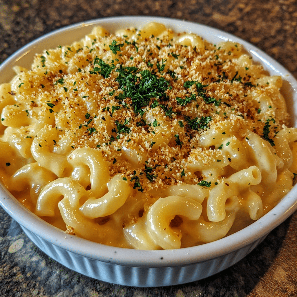 Homemade our ultimate traeger smoked mac and cheese in a serving dish in a bright kitchen