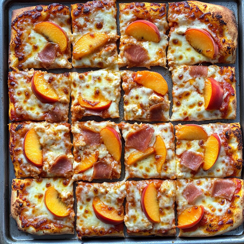 Party 3 Cheese Prosciutto Peach Pizza baked until golden with peaches, cheese, basil, and turkey prosciutto-style slices
