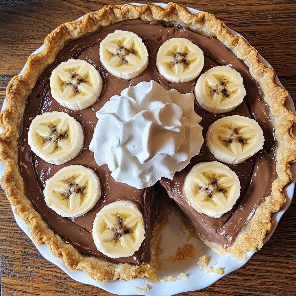 Potluck 5-Layer Chocolate Banana Pudding Pie showing layered pudding, bananas, chocolate crust, and whipped topping
