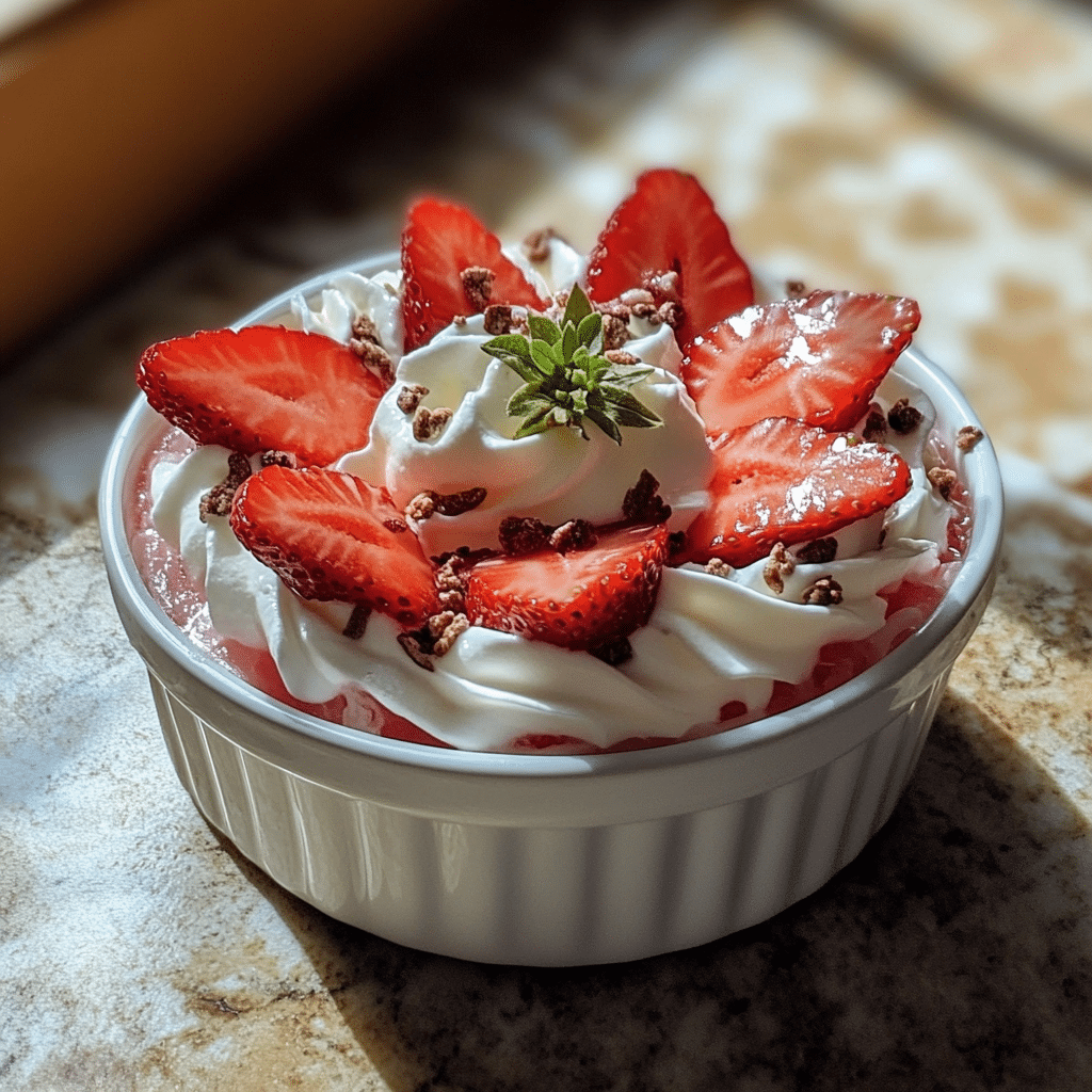 Homemade pretty jell-o strawberry parfait - grateful prayer in a serving dish in a bright kitchen