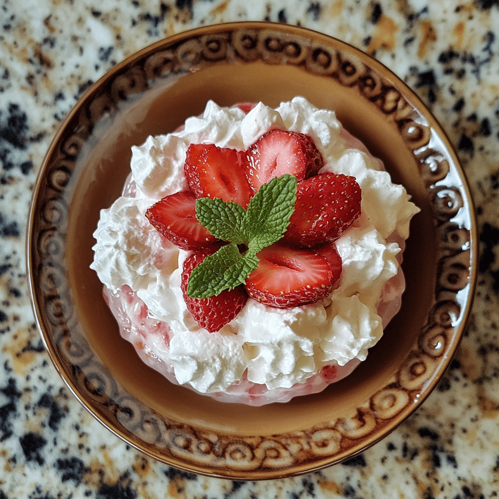Homemade pretty jell-o strawberry parfait - grateful prayer in a serving dish in a bright kitchen