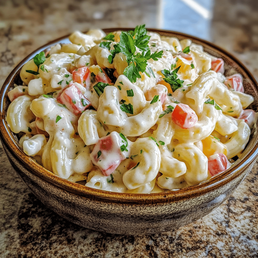 Homemade ranch pasta salad in a serving dish in a bright kitchen