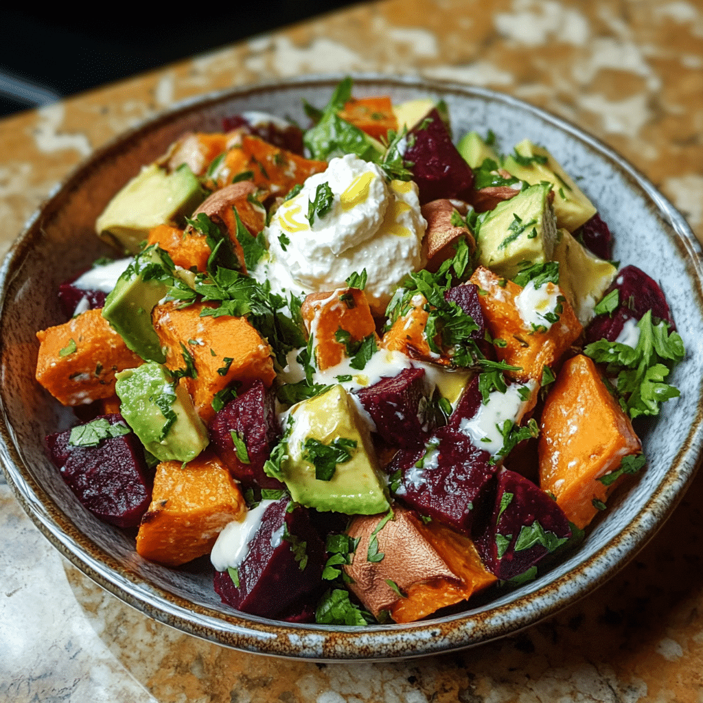 Homemade roasted beet, sweet potato & avocado salad with whipped ricotta & lemon-tahini drizzle in a serving dish in a bright kitchen