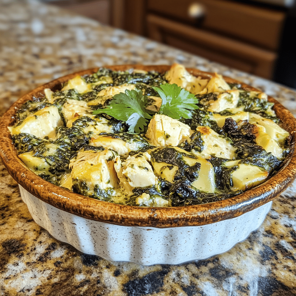 Homemade spinach artichoke chicken bake in a serving dish in a bright kitchen