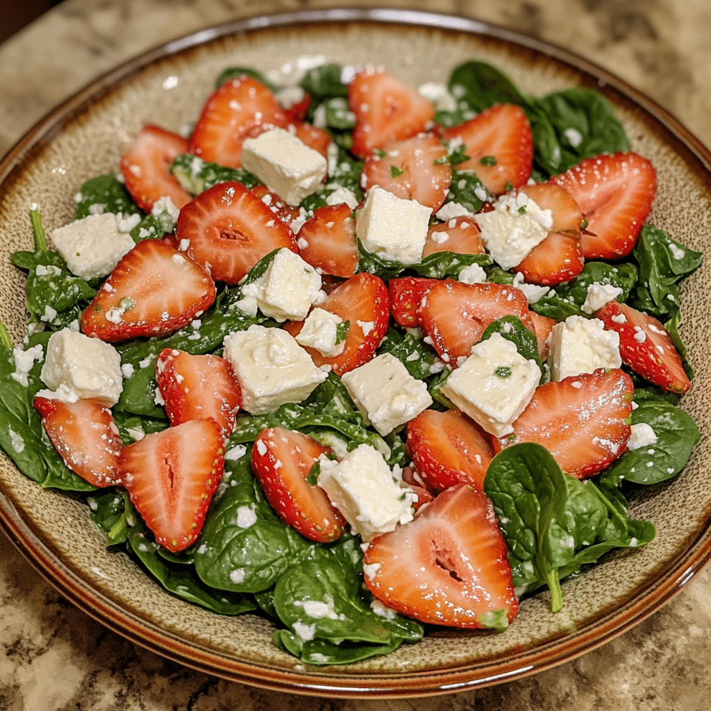 Homemade strawberry feta spinach salad recipe in a serving dish in a bright kitchen