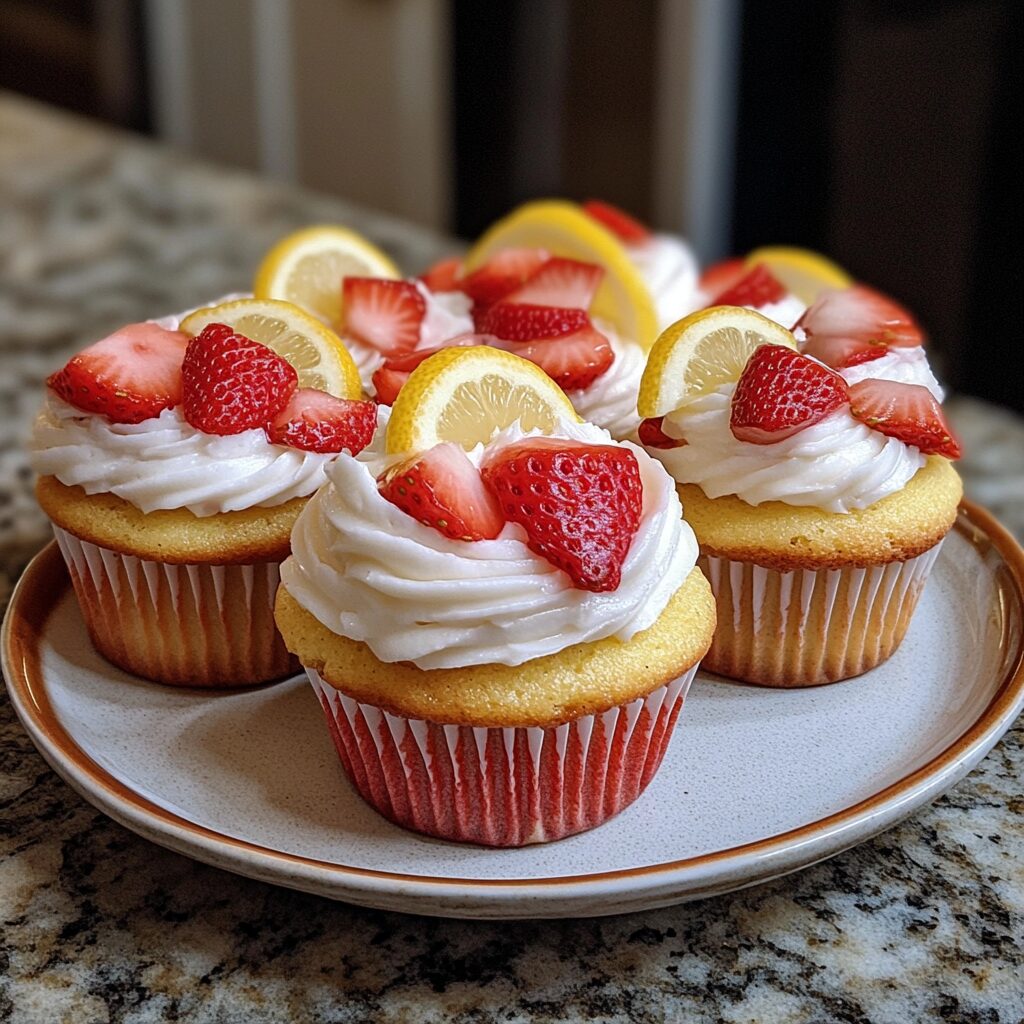 Strawberry Lemonade Cupcakes served fresh in natural light