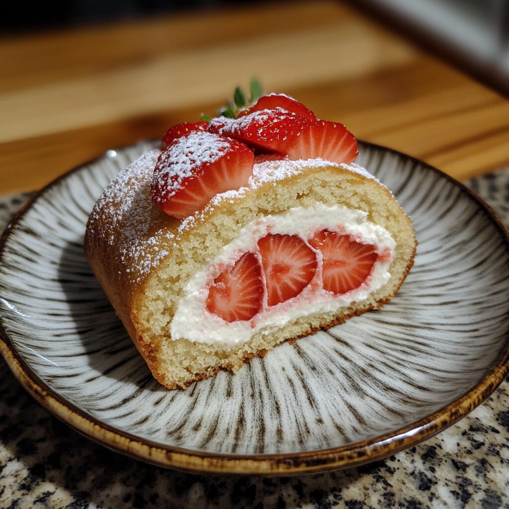 Strawberry Roll Cake served fresh in natural light