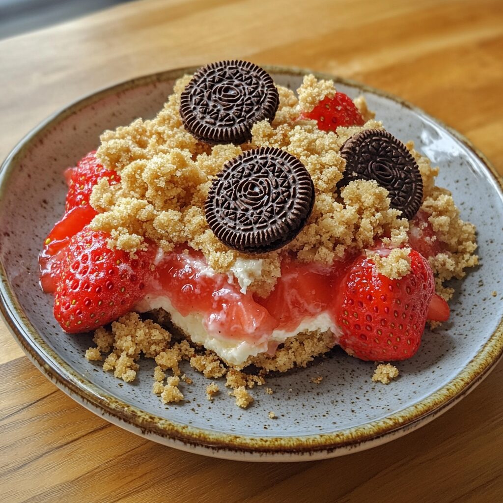 Strawberry Shortcake Crumble with Oreos served fresh in natural light