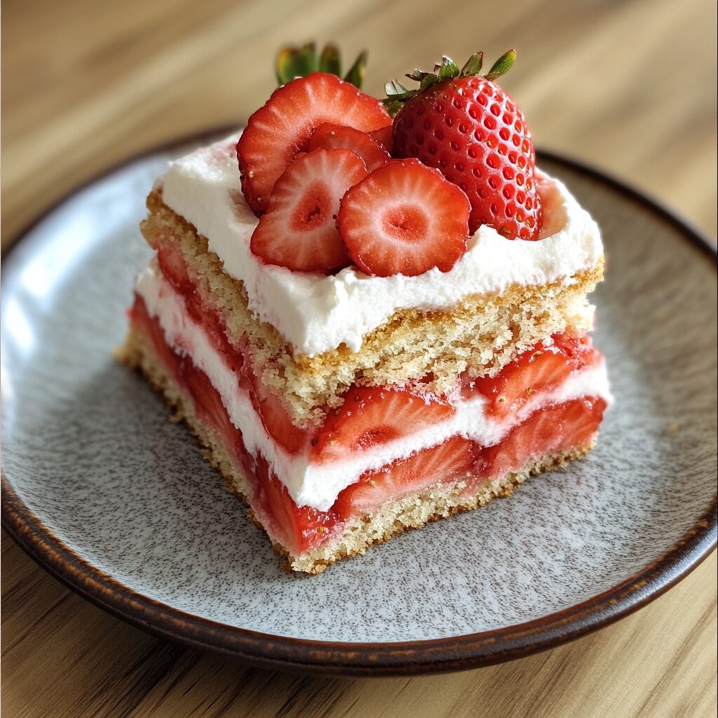 Strawberry Shortcake Layered Slice served fresh in natural light