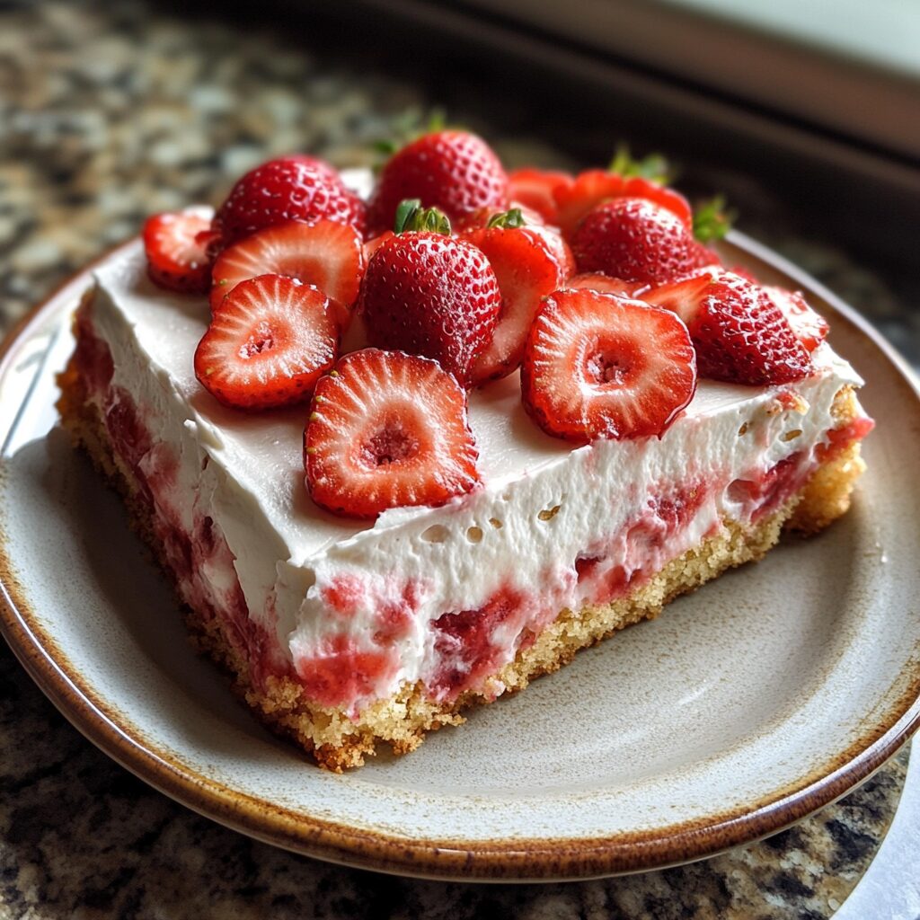 Strawberry Shortcake Sheet Cake served fresh in natural light