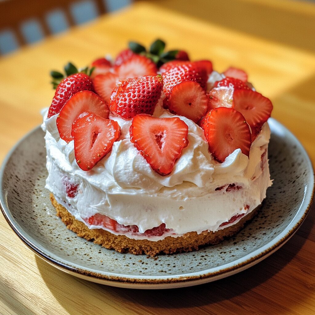 Strawberry Whipped Cream Cake served fresh in natural light