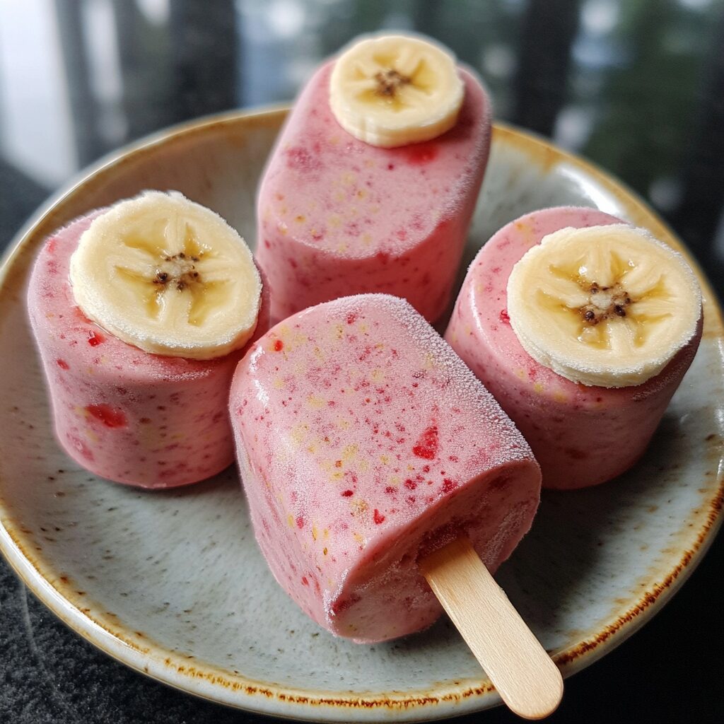 Sugar-Free Strawberry Banana Frozen Yogurt Pops for Toddlers served fresh in natural light
