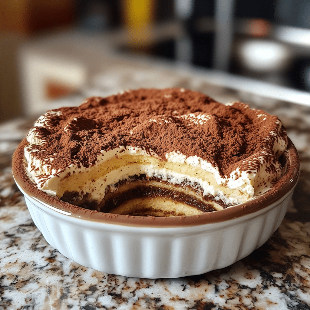 Homemade the best tiramisu recipe in a serving dish in a bright kitchen