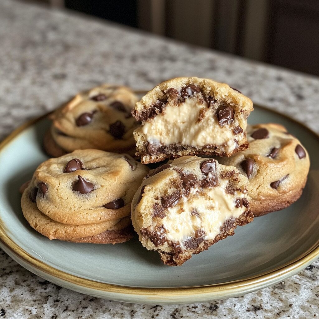 The Ultimate Cheesecake Stuffed Chocolate Chip Cookies in 8 Steps served fresh in natural light
