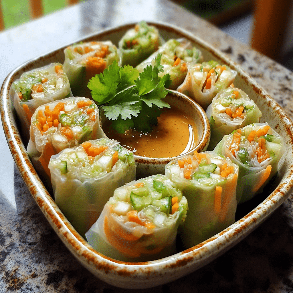 Homemade vegetable spring rolls with peanut sauce in a serving dish in a bright kitchen
