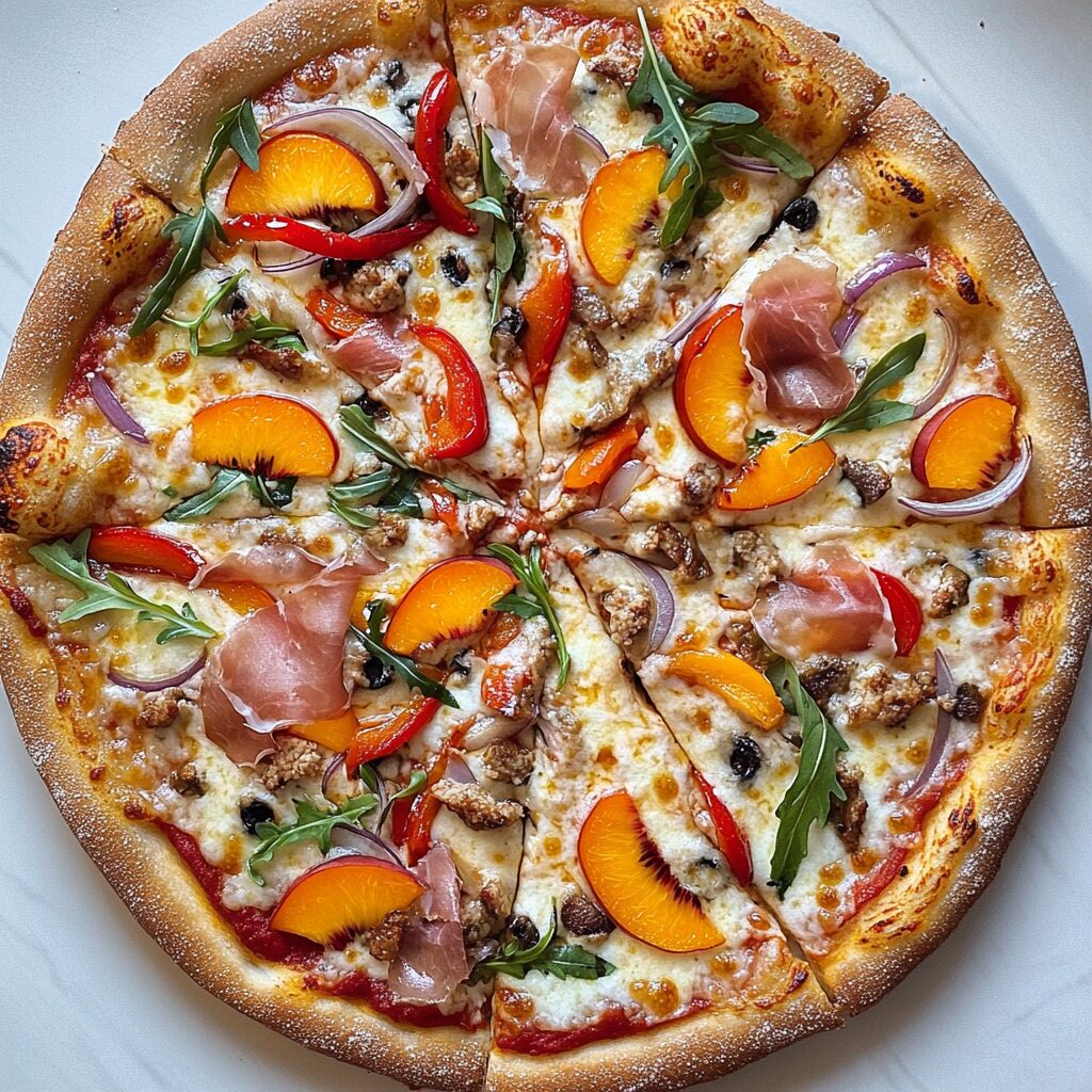 Veggie 3 Cheese Prosciutto Peach Pizza baked until golden with peaches, cheese, basil, and turkey prosciutto-style slices
