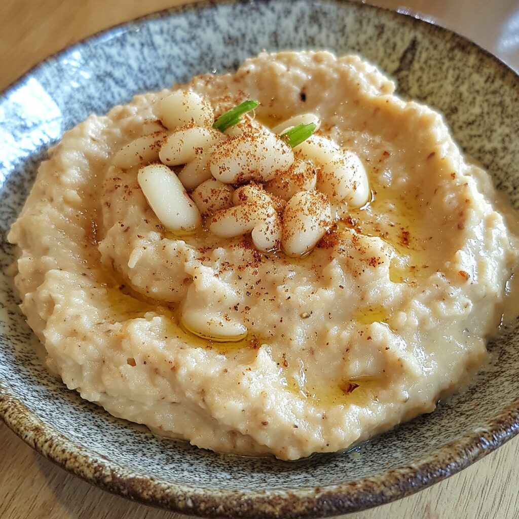 White Bean and Garlic Scape Dip served fresh in natural light