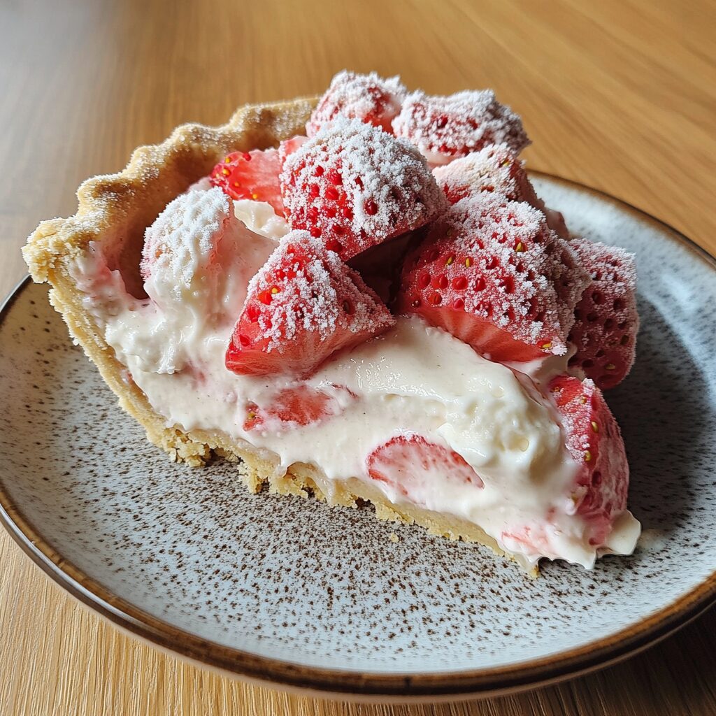 frozen strawberry cream pie served fresh in natural light