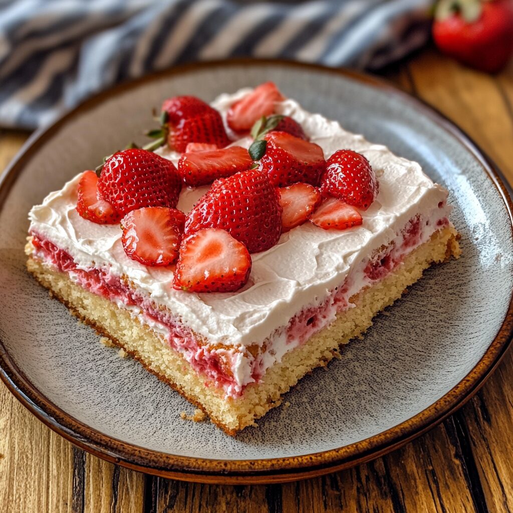 Best Strawberry Sheet Cake served fresh in natural light
