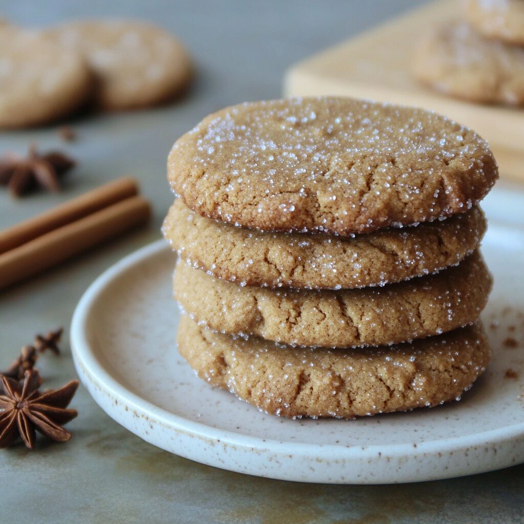 Chewy chai gingerbread cookies stacked on a plate with sugared crinkly tops and warm spices nearby