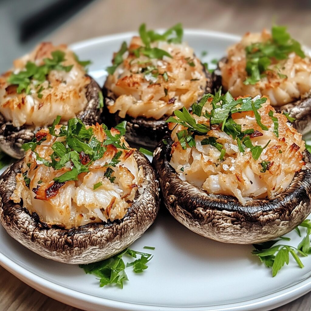 Crab Stuffed Mushrooms plated with inviting texture and rich homemade color
