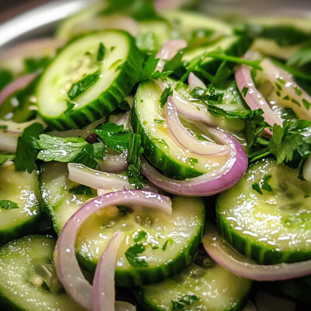 Cucumber Onion Salad Sweet Vinegar Dressing Miss in the Kitchen plated with inviting texture and rich homemade color