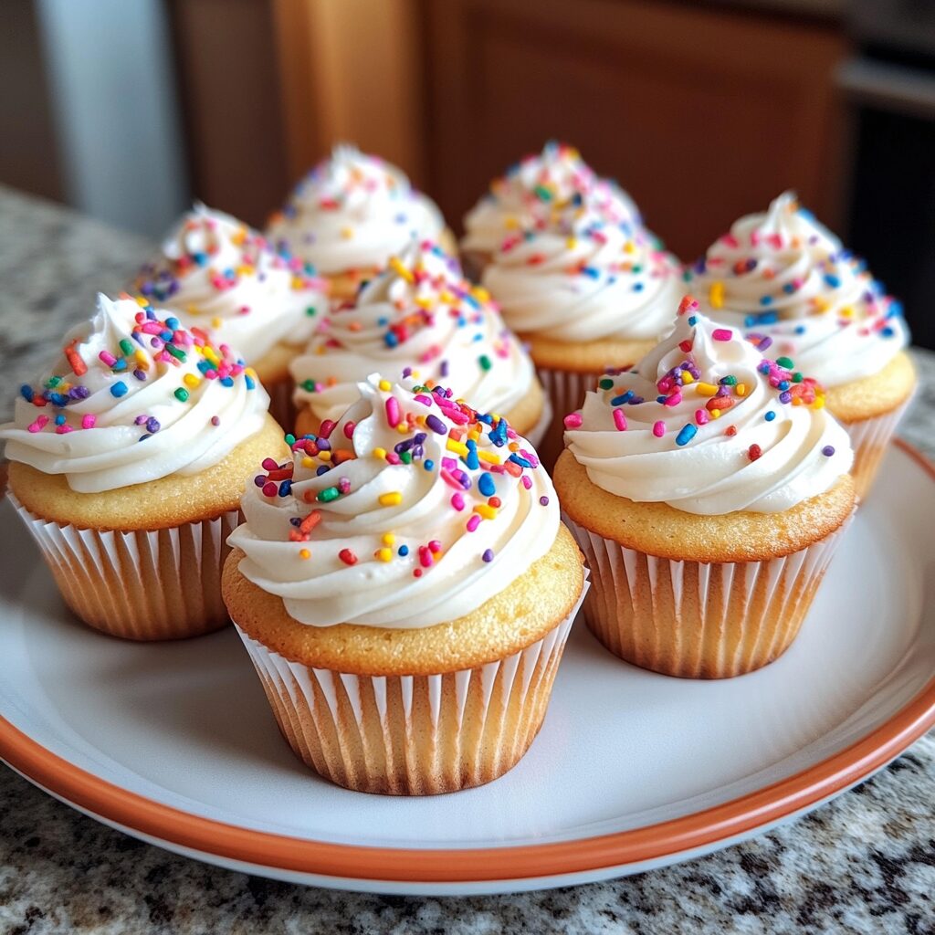 Delicious Classic Vanilla Birthday Cupcakes Homemade Cupcakes Recipe Julie Marie Eats served fresh in natural light