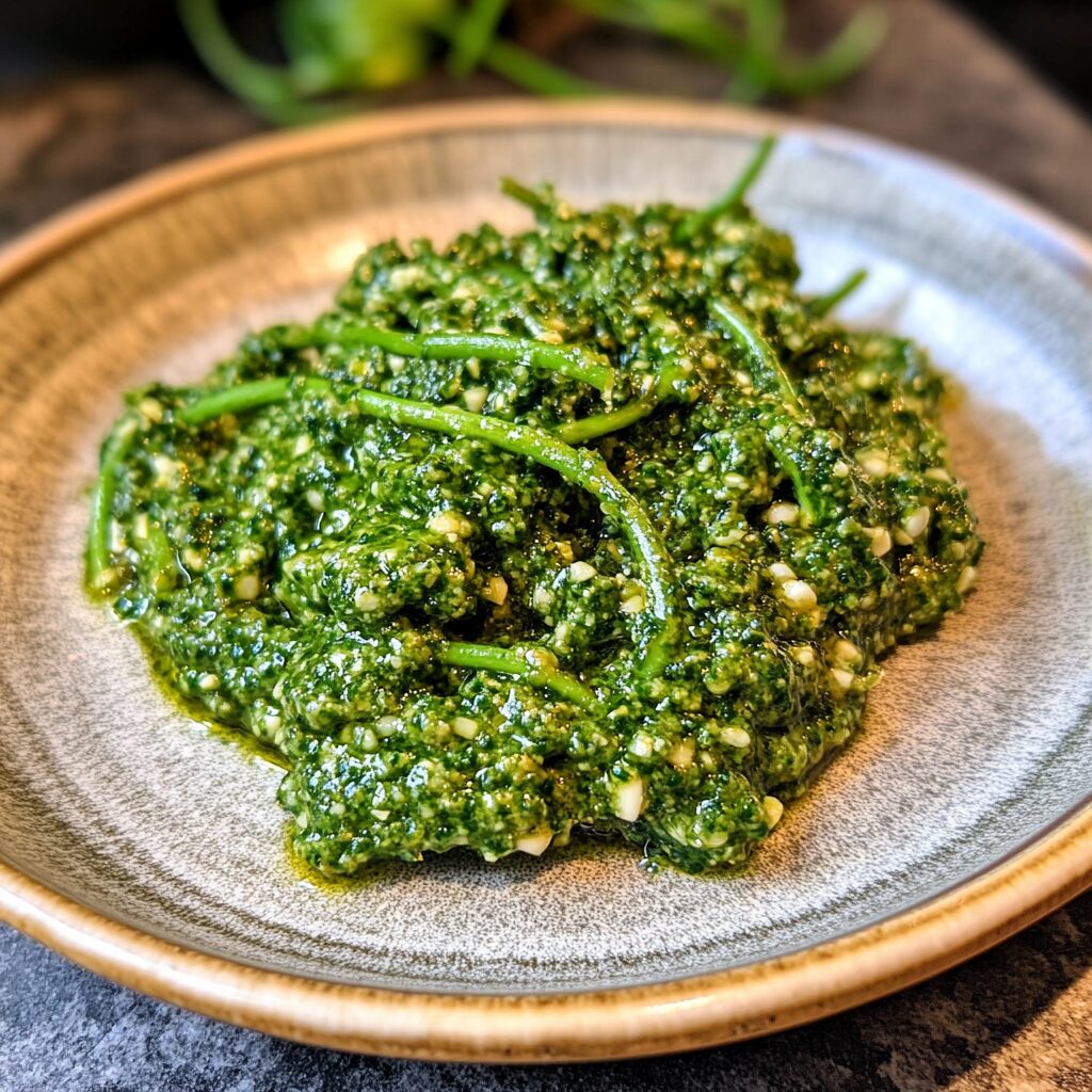 Easy Garlic Scape Pesto Recipe served fresh in natural light