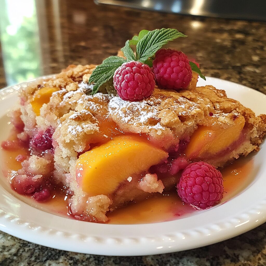 Easy Peach and Raspberry Cobbler plated with inviting texture and rich homemade color