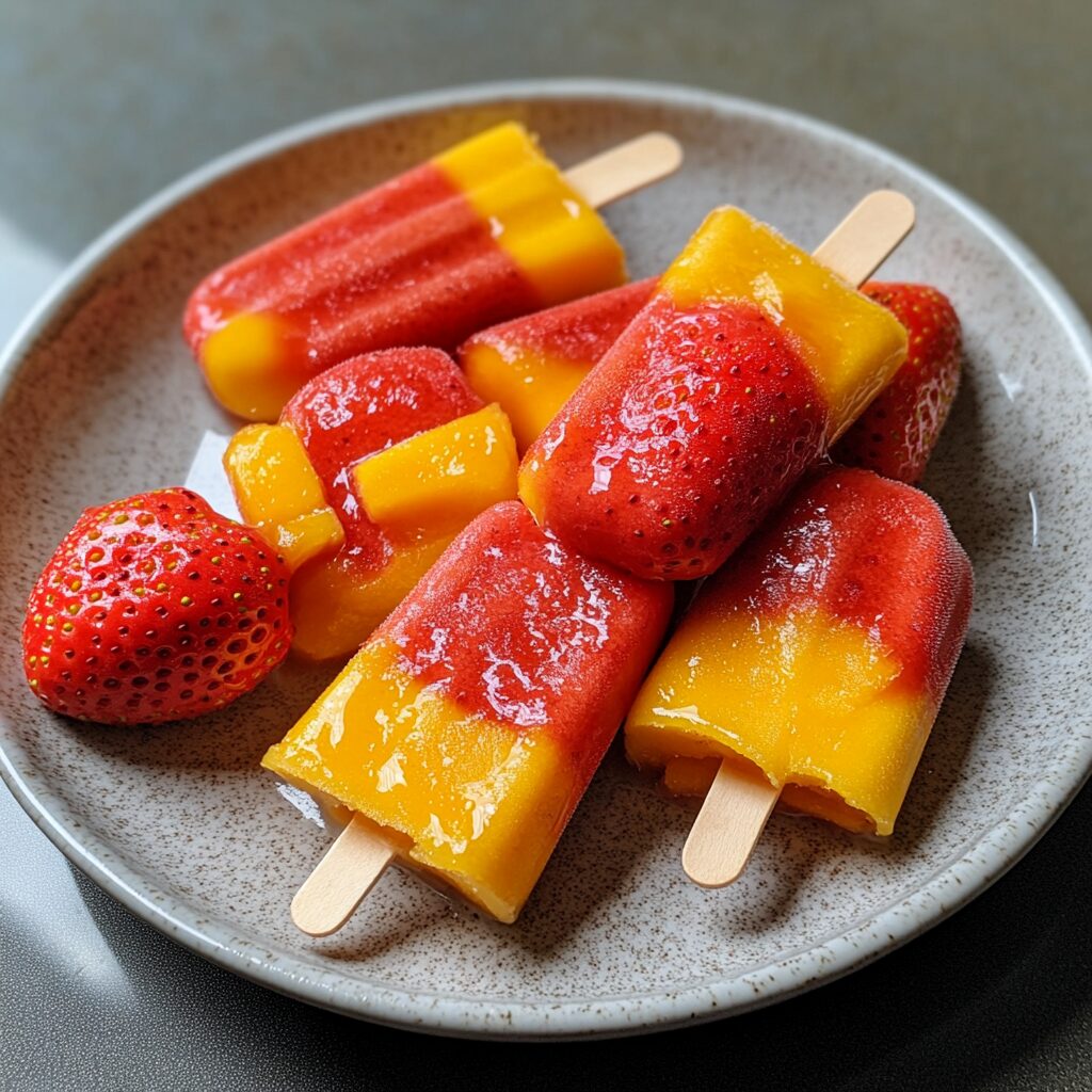 Easy Strawberry Mango Popsicles served fresh in natural light