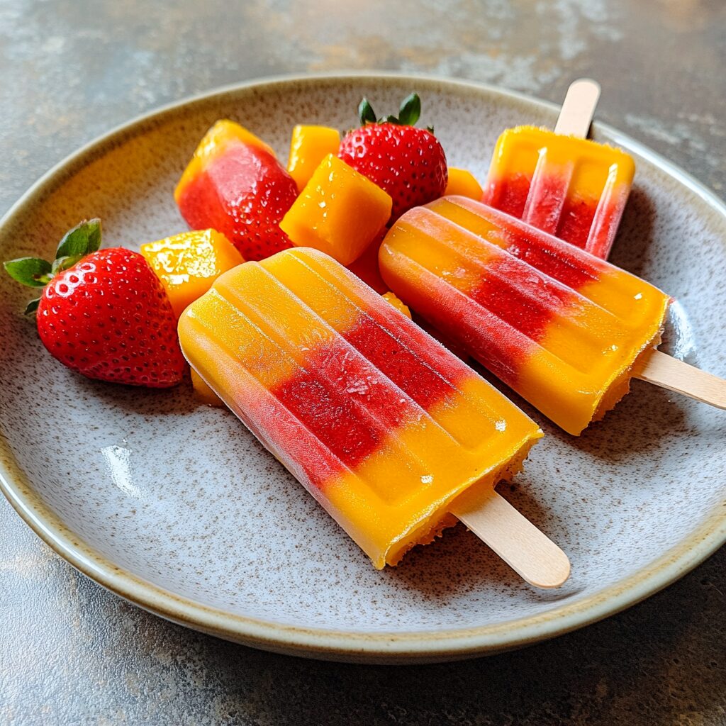 Easy Three Ingredient Strawberry Mango Popsicles served fresh in natural light