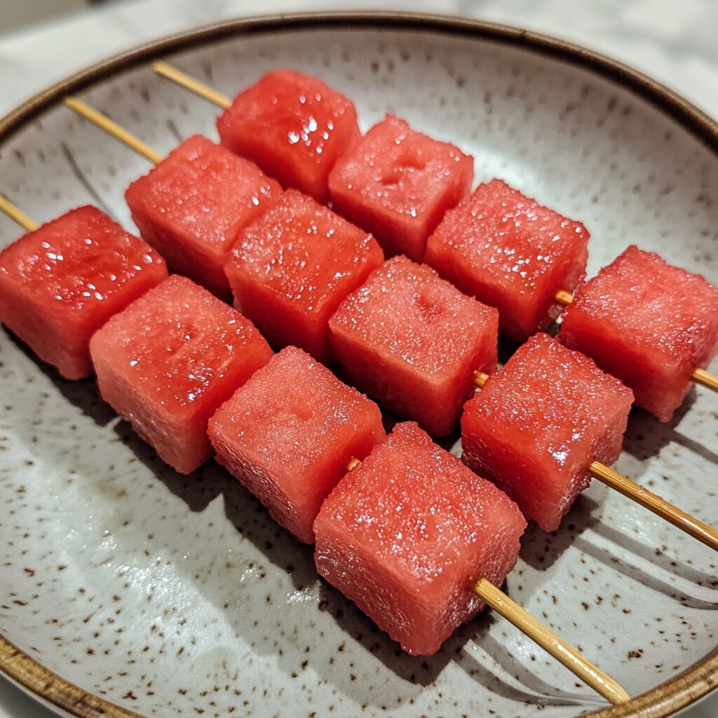 Frozen Watermelon Kabobs served fresh in natural light