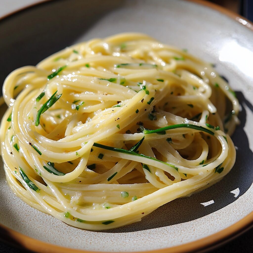 Garlic Scape Pasta served fresh in natural light